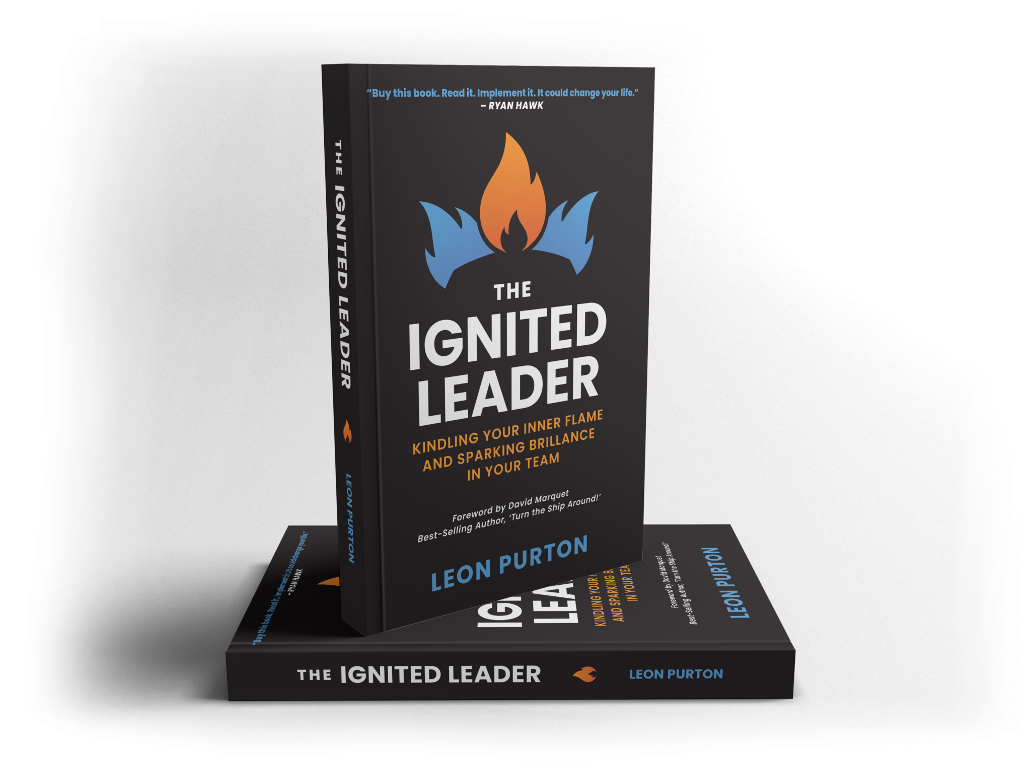 Book Mockup for The Ignited Leader. Two books, one vertical clearly displaying the front page of the book. One horizontal shpowing the spine and providing the foundation for the vertical book. Book is black with a bold white title "The Ignited Leader" and a subtitle in orange "Kindling Your Inner Flame and Sparking Brilliance in Your Team". Cover has a logo of a silhouette of a humanoid shape with a bright orange flame as the head, and blue flame accents giving shape to the shoulders.