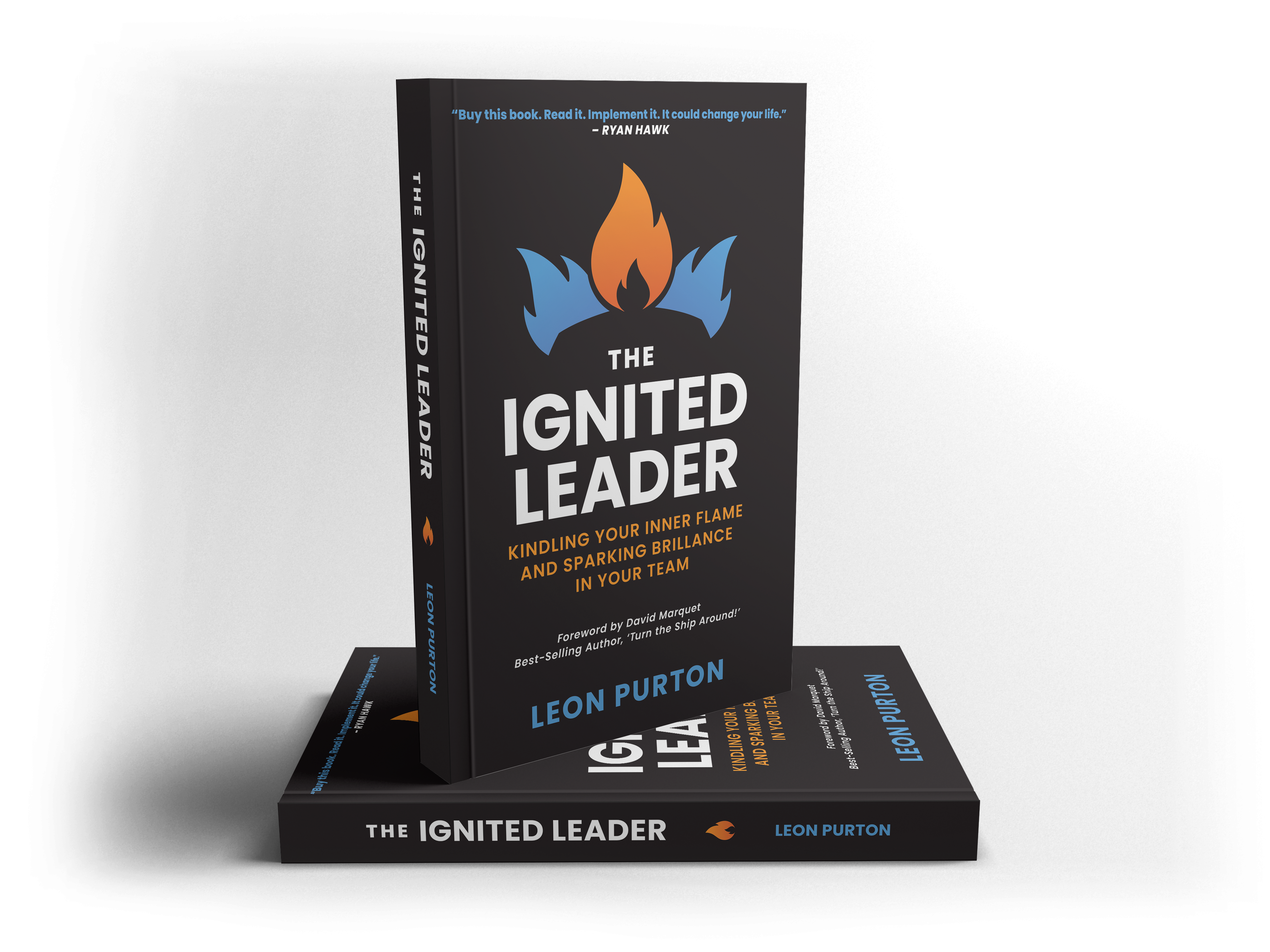 Book Mockup for The Ignited Leader. Two books, one vertical clearly displaying the front page of the book. One horizontal shpowing the spine and providing the foundation for the vertical book. Book is black with a bold white title "The Ignited Leader" and a subtitle in orange "Kindling Your Inner Flame and Sparking Brilliance in Your Team". Cover has a logo of a silhouette of a humanoid shape with a bright orange flame as the head, and blue flame accents giving shape to the shoulders.