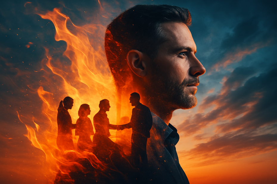 Abstract double-exposure style image for The Ignited Leader. Flames and silhoutted human shapes contrasted against a male face staring off the right of the image.